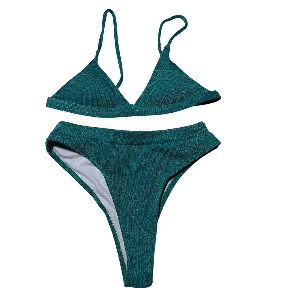 Swimsuit 2 Piece Ribbed High Cut Triangle Bikini Set Teal |L
